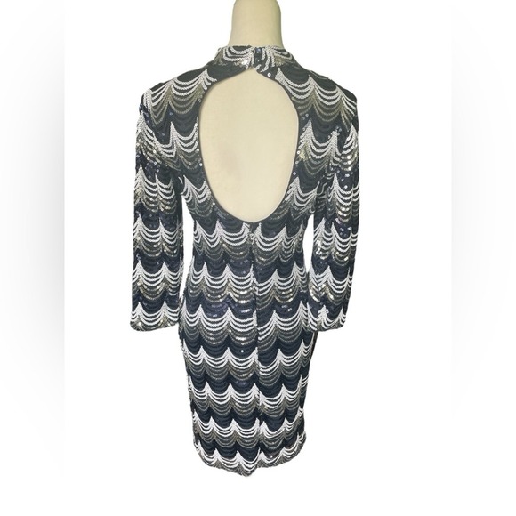 Crystal Doll Navy/Silver Scalloped Sequin OpenBack Bodycon Dress, Small/Medium - Picture 5 of 8